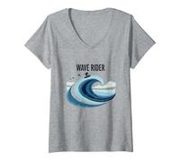 Wave Rider Surfer Ocean Beach Graphic Design V-Neck T-Shirt, Women, Heather Grey, XXL