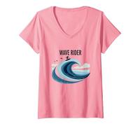 Wave Rider Surfer Ocean Beach Graphic Design V-Neck T-Shirt, Women, Pink, XXL