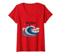 Wave Rider Surfer Ocean Beach Graphic Design V-Neck T-Shirt, Women, Red, L