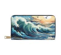 Wave Sailboat Seagull Leather Wallet, Unisex Long Wallet, Business Zipper, Multiple Card Slots, Large Capacity, Fashion, Casual, Wallet, White, One Size