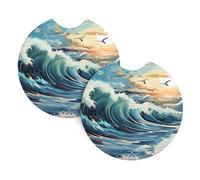 Wave Sailboat Seagull Print Car Cup Holder Coasters 2 Pack - 2.7 in Auto Cup Holder Pad with A Finger Notch,for Women Men