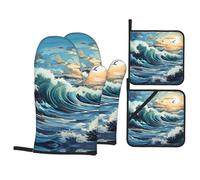 Wave Sailboat Seagull Print Oven Mitts & Pot Holders Set of 4 – Non-Slip Mitts High Heat Hot Pads for Kitchen Cooking