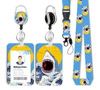 Wave Shark ID Badge Holder with Breakaway Lanyard &Heavy Duty Retractable Reel-360°Rotating Carabiner Keychain for Women Students,Teachers, Nurses, Office Use