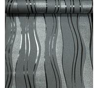 Wave Stripe Glitter Metallic Charcoal Grey Black Texture Vinyl Feature Wallpaper