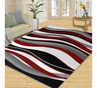 Wave Stripe Print Area Home Decoe Rug， Modern Geometry Black Red Gray White Curved Lines Anti-Slip Washable Rugs， Apply To Living Room Bedroom (150x210cm)