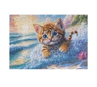 Wave Tabby Cat 300 Piece Jigsaw Puzzle for Adults Teens Ocean Surf Sunset Music Room Decor Creative Outlet Whimsical Artwork for Musicians 300 PCS