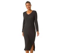 Roman Originals Wave Textured V-Neck Stretch Midi Dress for Women UK - Ladies Everyday Autumn Winter Round Neckline Comfy Soft Evening Vacation Work Party Night Out - Black - Size 16