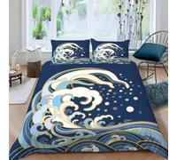 Wave Theme Printed Single Duvet Cover Set Japanese Ukiyo-E Prints Bedding Set Ultrasoft Microfiber Quilt Cover 155x220 cm with Zipper and 2 Pillowcases for Single Bed B.2390