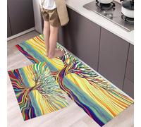 Wave Tree Kitchen Rug Set 2 Pieces, Non-Slip and Washable Kitchen Runner Mat Dense Branches Standing Mats for Hallway, Dining Room and Entryway - 40x60cm+40x120cm, Blue-Green