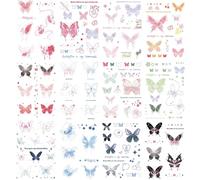 Waveaura Butterfly Temporary Tattoos 12 Sheets Kit Dopamine Small Cute Semi Permanent Fake Tattoo Stickers Party Bag Fillers Waterproof Mini Happy Colorful Stick On Transfer Tattoos for Hands & Body