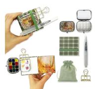 Waveaura Mini Travel Watercolour Palette Set 12Wells Small Empty Portable Painting Kit with Lid, Sketchbook 6x6 cm Pocket Watercolor Book with Fabric Cover 300gsm 140lb 20 Sheets Refillable Brush Pen