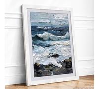 Waves Against Stone Coastal Framed Wall Art Print A1 (84.1×59.4cm) White, Wall Decor for Living Room, Bedroom, Office & Home, Ready to Hang, Art Gift