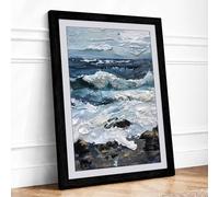 Waves Against Stone Coastal Framed Wall Art Print A3 (42×29.7cm) Black, Wall Decor for Living Room, Bedroom, Office & Home, Ready to Hang, Art Gift