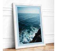 Waves and Rocky Shore Coastal Framed Wall Art Print A2 (59.4×42cm) White, Wall Decor for Living Room, Bedroom, Office & Home, Ready to Hang, Art Gift