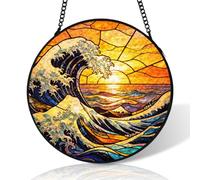 Waves and Sunset Stained Glass Suncatcher Windows Hanging,8 inch Stained Glass Ornament Home Decor,Suncatchers for Windows Hanging,Birthday Gifts for Mom,Lovers,Family(Black)