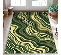 Waves Area Rug, Abstract Modern Lines Curves None Green Non-Slip Backing Doormat Throw Rug Edge Binding Bathroom Entryway Bedside Laundry Room Decor 3' X 5'