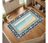 Waves Area Rug, Coastal Beach Shell Starfish Summer Blue Low Pile Sponge Home Floor Rectangle Print Carpet Rugs for Living Room Bedroom Kitchen Hallway Decor 5' X 7'