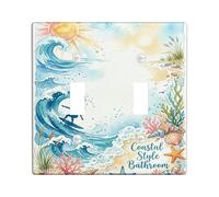 Waves Bathroom Double Light Switch Cover Plate, Coastal Beach Sun Coral Summer Blue Plastic Standard Size Switch Plate Decorative for Living Room Bedroom Home Office Decor