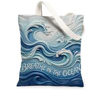 Waves Canvas Tote Bag for Women, Coastal Artistic Ocean Swirls Summer Blue Washable Reusable Aesthetic Tote Bag Ideas for Shopping Trips Office Library Casual 13x15 Inch