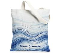 Waves Canvas Tote Bag for Women, Coastal Relaxed Blue White Summer Blue Washable Reusable Market Tote Ideas for Shopping Trips Office Library Casual 13x15 Inch