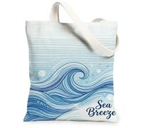 Waves Canvas Tote Bag for Women, Summer Coastal Shell Bubble Summer Blue Washable Reusable Everyday Tote Bag Ideas for Shopping Trips Office Library Casual 13x15 Inch