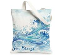 Waves Canvas Tote Bag for Women, Summer Coastal Water Splash Summer Blue Washable Reusable Grocery Bags Ideas for Family Fr, Blue, 13x15 Inch