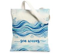 Waves Canvas Tote Bag for Women, Summer Ocean Octopus Shell Summer Blue Washable Reusable Everyday Tote Bags Ideas for Shopping Trips Office Library Casual 13x15 Inch