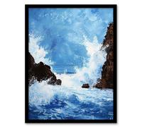 Waves Crashing Rocks Sea Spray Oil Painting Framed Art Print Artery8 Blue A4