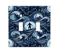 Waves Double Light Switch Cover Plate, Nautical Contemporary Raindrops Birds Summer Navy Blue Plastic Standard Size Switch Plate Decorative for Home Living Room Bedroom Bathroom Decor