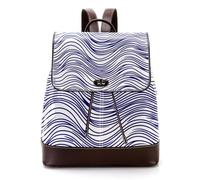 Waves in Linear Style White and Blue Color Pattern Mini Faux Leather Backpack Purse, Women Ladies Rucksack Handbag School Bag