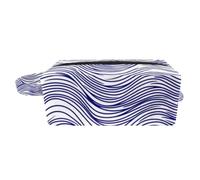 Waves in Linear Style White and Blue Color Pattern Portable Cosmetic Bag for Women Girls, Soft Sponge Toiletry Travel Bag with Handle and Zipper, Portable Square Make Up Case
