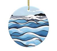 Waves Lapping at The Rocks A Round Ceramic Ornament with a Gold String, Perfect for Holiday Party Decorations or Family Gatherings.