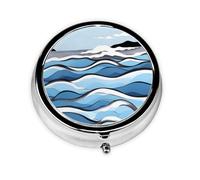 Waves Lapping at The Rocks Round Mini Pill Box: 3-Compartment Portable Metal Pill Organizer with Snap Closure, Ideal for Daily Travel Use
