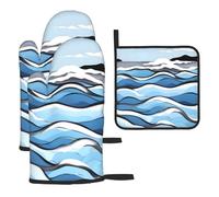 Waves Lapping At The Rocksoven Glove And Pot Holder 3 Piece Set, &Heat Resistant And Insulated Kitchen Oven Gloves For Cooking.