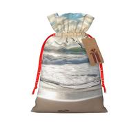 Waves On The Beach With Sea Birds Christmas Drawstring Gift Bags Reusable Christmas Wrapping Bag W/Tags 4.7x6.9 Inch Xmas Treat Pouch Goody Bags Candy Treat Bag For Xmas Holiday Presents Party Favor