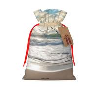 Waves On The Beach With Sea Birds Christmas Drawstring Gift Bags Reusable Christmas Wrapping Bag W/Tags 8.3x11.8 Inch Xmas Treat Pouch Goody Bags Candy Treat Bag For Xmas Holiday Presents Party Favor