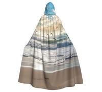Waves on The Beach with Sea Birds Cloak with Hood Halloween Medieval Hooded Cape for Cosplay Costumes for Men Women