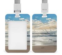 Waves on The Beach with Sea Birds ID Badge Holder Durable ABS Plastic Card Case Protector with Lanyard, Push-Pull Slot, Stylish Lanyard ID Card Holders for Office Corporate Use