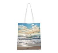 Waves On The Beach With Sea Birds Tote Bag For Women,Canvas Shoulder Bags With Pockets Shopping Bag Cute Reusable Grocery Bags