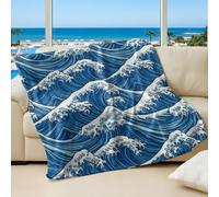 Waves Printed Blanket, Deep Blue White Ocean Waves Flannel Throw, Elegant Home Decor for Bed & Sofa (01,200x200cm)