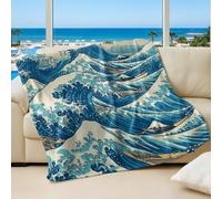 Waves Printed Blanket, Deep Blue White Ocean Waves Flannel Throw, Elegant Home Decor for Bed & Sofa (02,150x200cm)