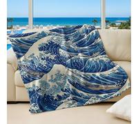 Waves Printed Blanket, Deep Blue White Ocean Waves Flannel Throw, Elegant Home Decor for Bed & Sofa (03,200x200cm)