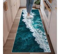 Waves Runner Rug, Coastal Natural Ocean Foam Summer Teal Low Pile Carpets Fade Resistant Home Aesthetic for Kitchen Bathroom Entryway Bedside Decor 2x6 Ft