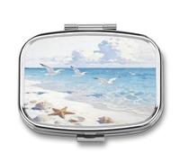 Waves, Sands, and Seagulls' Shadows Pill Box 2-Compartment Portable Travel Square Pill Case Daily Pill Holder with Store Vitamins Pocket Medicine Organizer for Office Home Fish Oil
