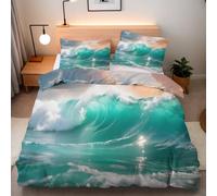 Waves Sea Duvet Cover Set, 3D Reversible Sunset Scenery Printed Quilt Cover with Zipper Closure, Soft Easy Care Bedding 135 x 200 cm