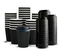 WAVES SHAPING YOUR SUSTAINABLE FUTURE 12oz Black Coffee Cups Pack of 100 (with Lids)