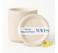 WAVES SHAPING YOUR SUSTAINABLE FUTURE Disposable Sugarcane Bagasse Plates, 10 inch (25 cm), Large Round Sturdy Eco Friendly Biodegradable Compostable Plates, Picnic Party Bamboo (50 Pack)