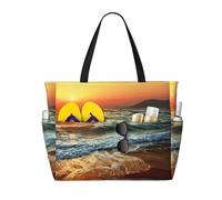 Waves Sunset Print Large Waterproof Beach Tote Bag for Women with Zip and Pockets Foldable Handbag for Travel Pool Shopping Holiday Gym