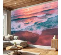 Waves Sunset Printed Wallpaper, Premium Non-Woven Dreamlike Natural Scenery Wall Mural, Pink Photo Wallpaper, for Living Room Bedroom Home Office Wall Decoration - 300 x 210 cm