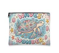 Waves Wonder Makeup Bag, Fanciful Turtle Floral Cosmetic Travel Pouch for Women, Portable Canvas Zipper Organizer, Summer Beach Skincare Toiletry Bag, Blue, 7x9 Inch, Turtle
